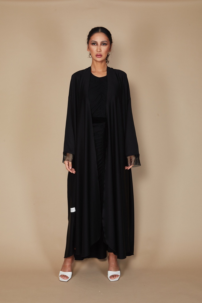 Black satin bisht with crystal sleeve