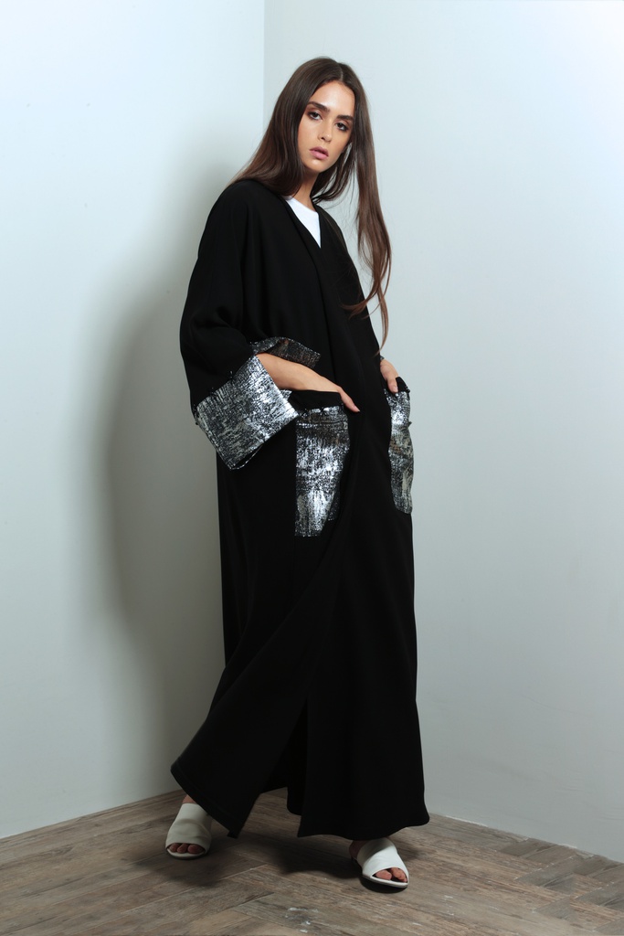 Silver sleeves Abaya with embellished pockets