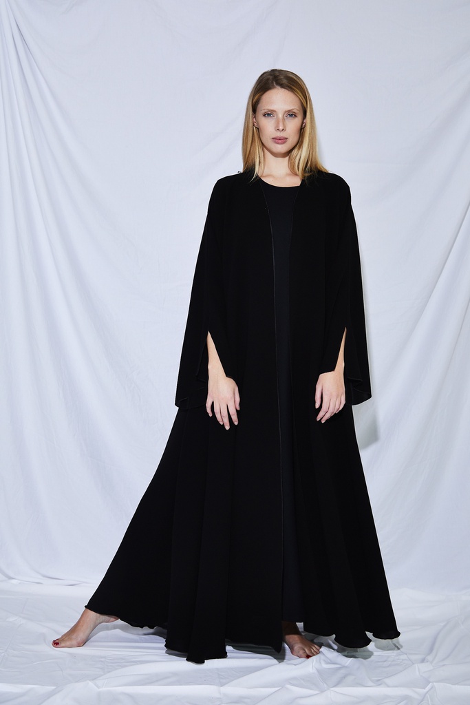 The black overlock trim A-line abaya