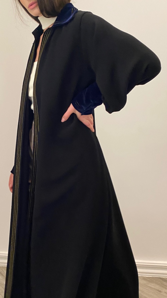 blue velvet collar and cuff with line details